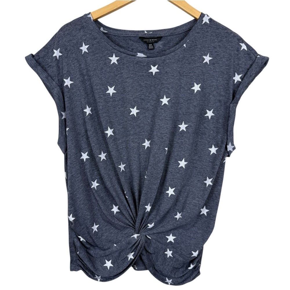 Lucky Brand Star Print Twist Front T-Shirt - Blue Gray - Women's Size Medium